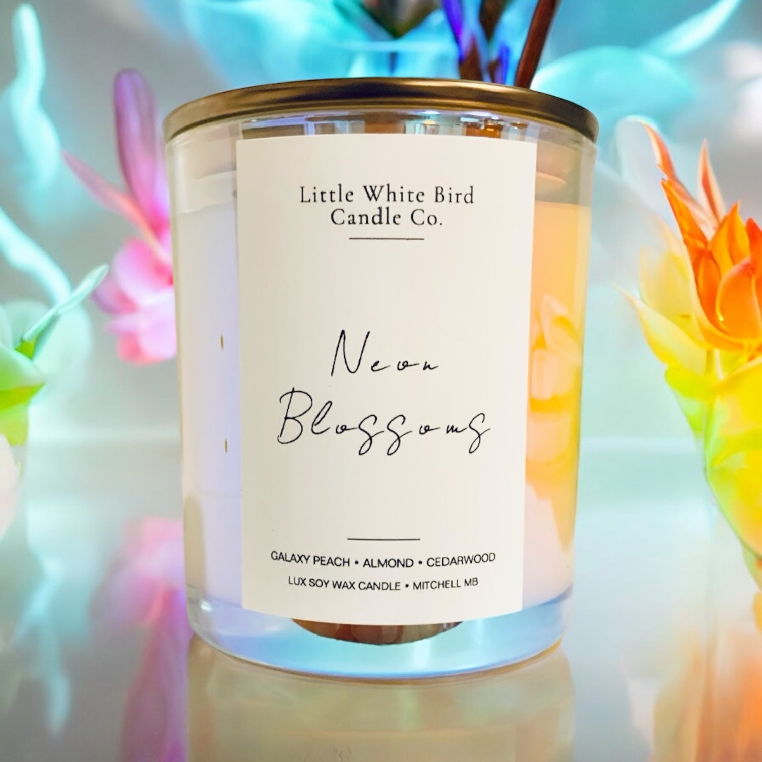 8oz Neon Blossoms Candle • Iridescent Vessel • Galaxy Peach • Almond • Cedarwood